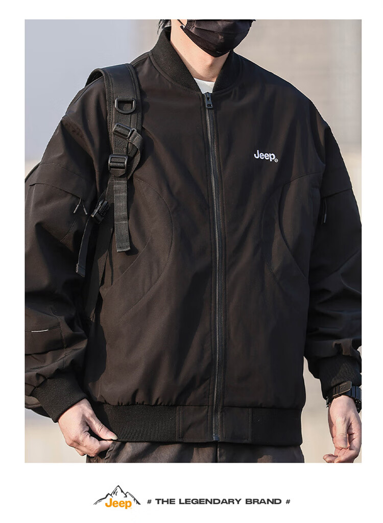 JEEP Men's Autumn Winter Trendy Baseball Jacket Casual Loose Workwear Black 4XL 3