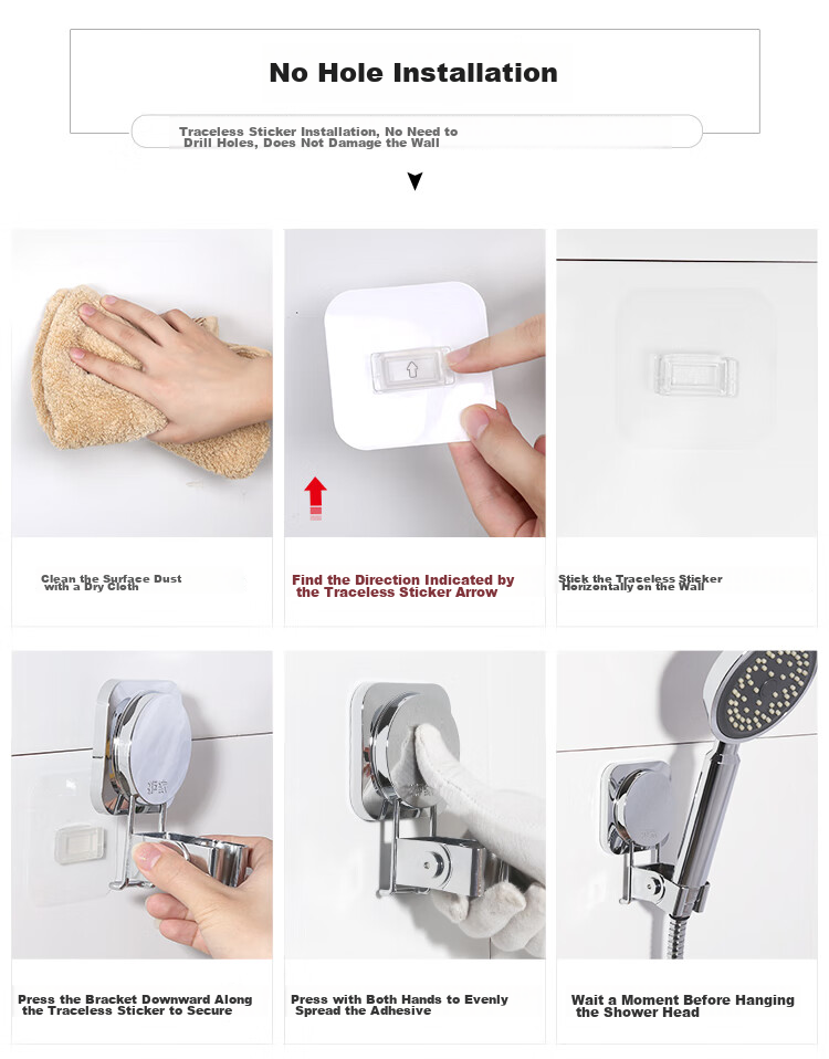 Hujia Shower Head Holder, No Drilling Required, Adjustable Base with Five Settings, Adhesive Wall-Mounted Stainless Steel 7