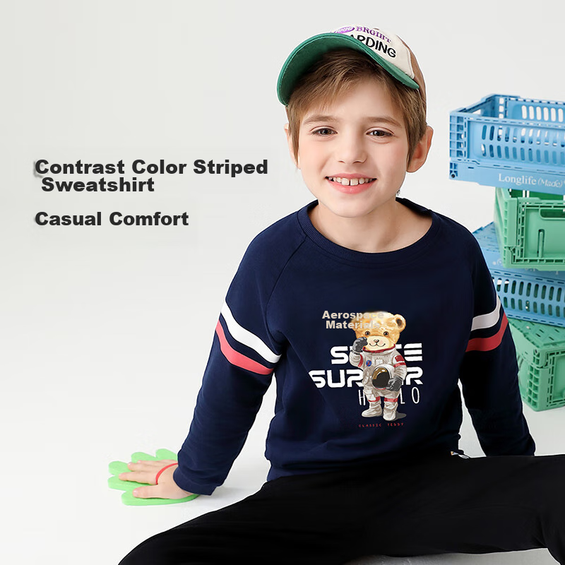 Classic Teddy Children's Sweatshirt, Boys And Girls Round Neck Top, for Older Kids, Autumn Wear, Navy Blue, Size 130