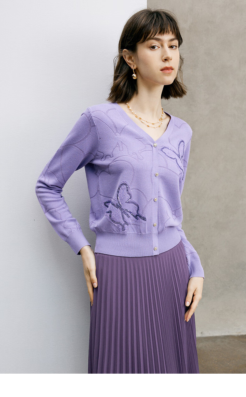 YANYEE Elegant Fashion Knit Top Women 2024 Spring V-Neck Short Cardigan Jacket Purple XXL/44 8