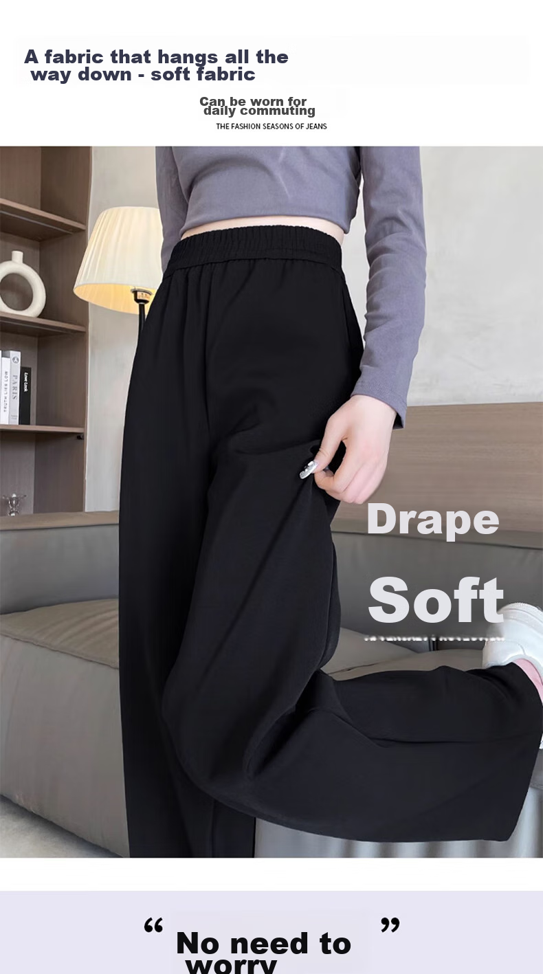 LangSha Black Straight-Leg Dress Pants, Summer Ice Silk Draping High-Waist Wide-Leg Pants for Women, Loose-Fitting Slimming Casual Trousers 6