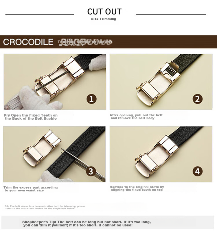 CROCODILE Top-Grain Leather Women's Belt with Automatic Buckle, Fashionable Business Style Waistband for Men's Trousers, Birthday Gift for Women 3609 18