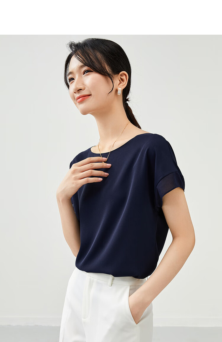 Sentubila Spliced Short-Sleeve Chiffon Blouse for Women, Slimming Tummy-Covering Top, Summer Lightweight Casual T-Shirt, Light Blue, S 29