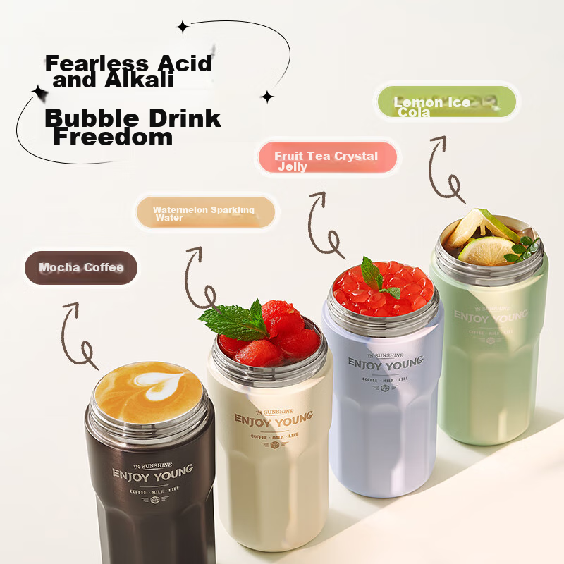 Joyoung Insulated Mug Coffee Cup for Men And Women, Portable Ceramic Inner Straw Water Cup (White, Ceramic) 490ml