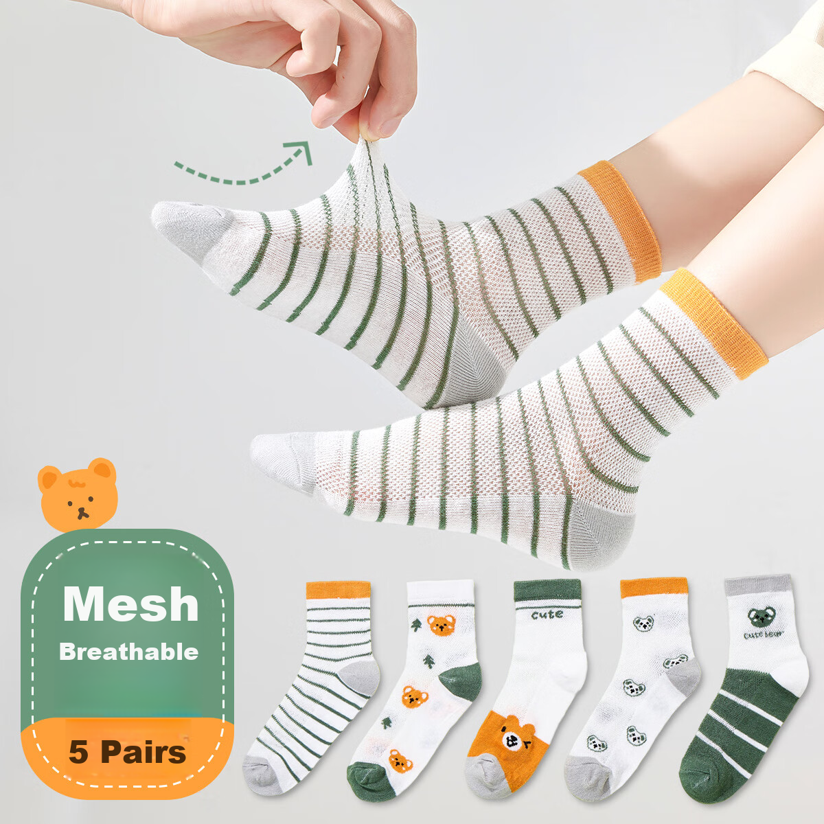 Nanjiren Children's Socks Summer Boys Breathable Mesh Socks for Older Boys Students Mid-Calf Socks Mesh - Forest Bear L