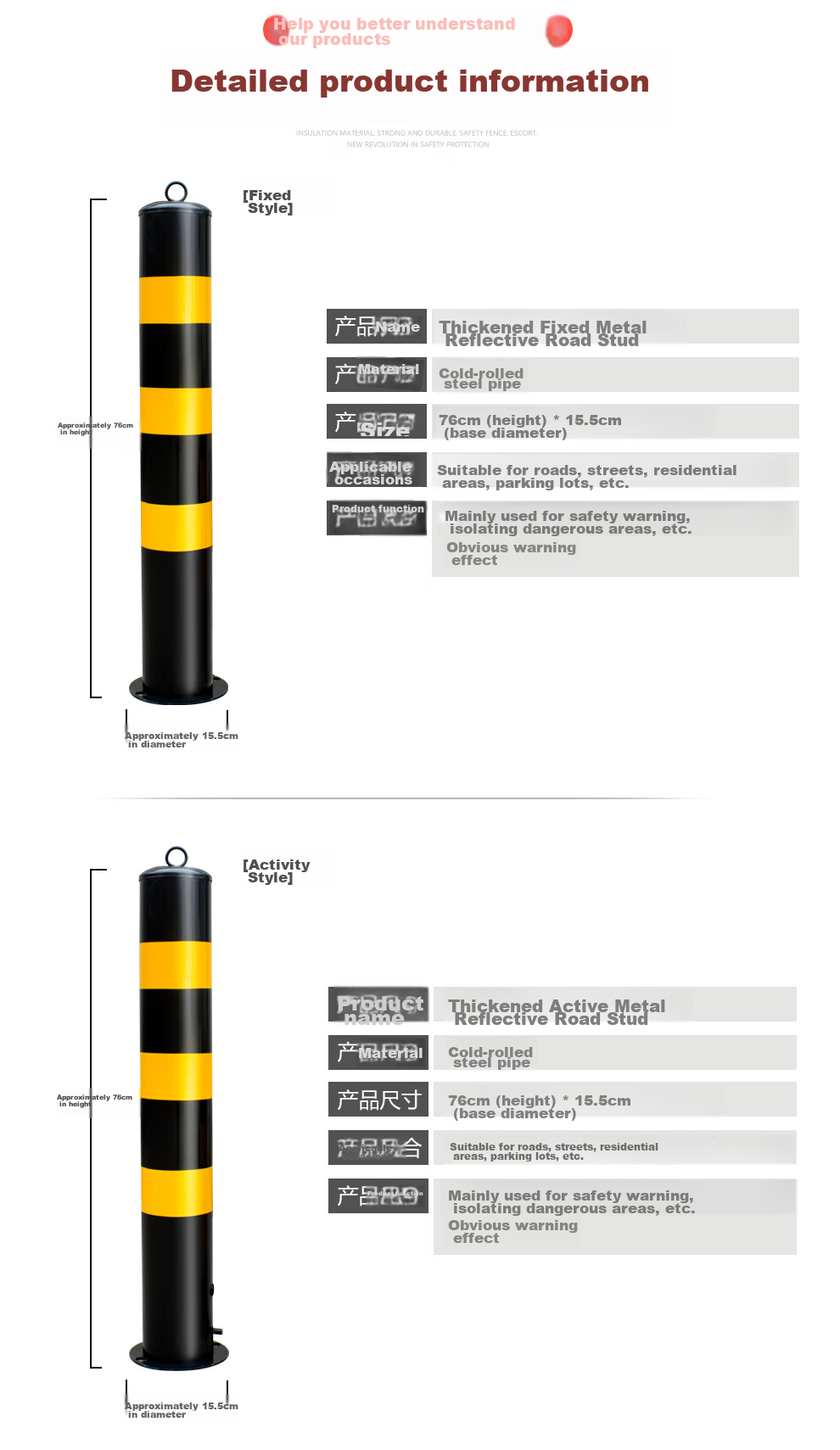 QL Steel Pipe Warning Post, 75cm Isolation Road Bollard, Vehicle Barrier, Crash Barrier, Crystal Grid Reflective Post, Fixed + Screws 3