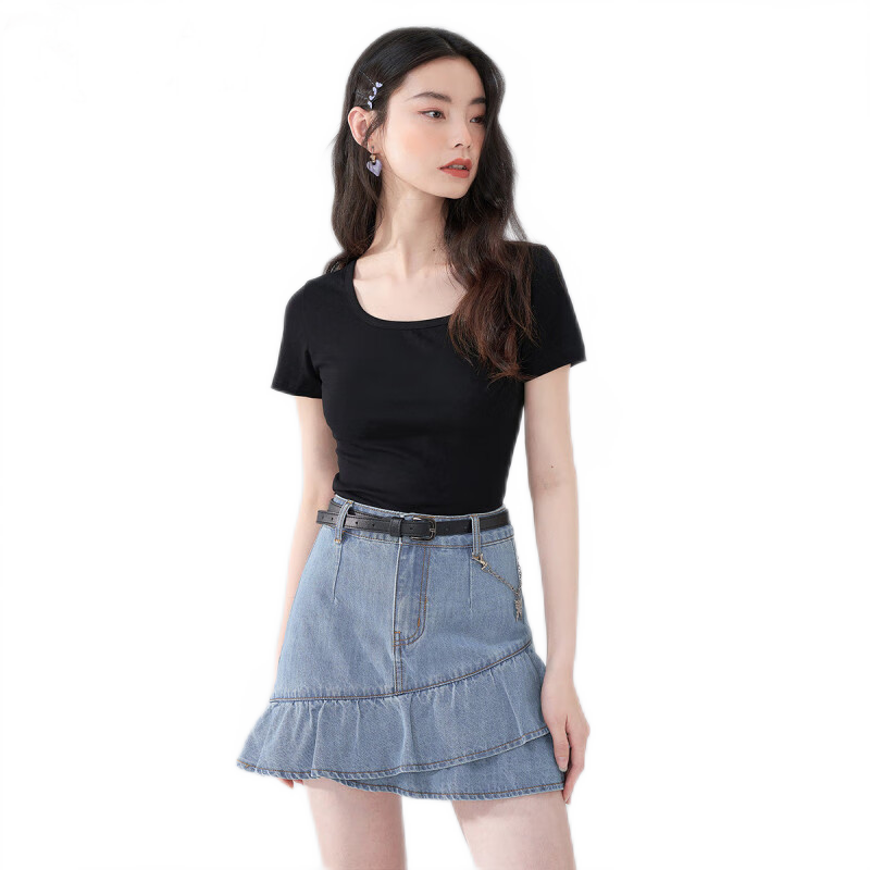 TUCANO Pure Cotton Regular Shoulder Short Sleeve T-Shirt for Women, Summer New Style Square Neck Simple Casual Slimming Top Undershirt, Black, 2XL