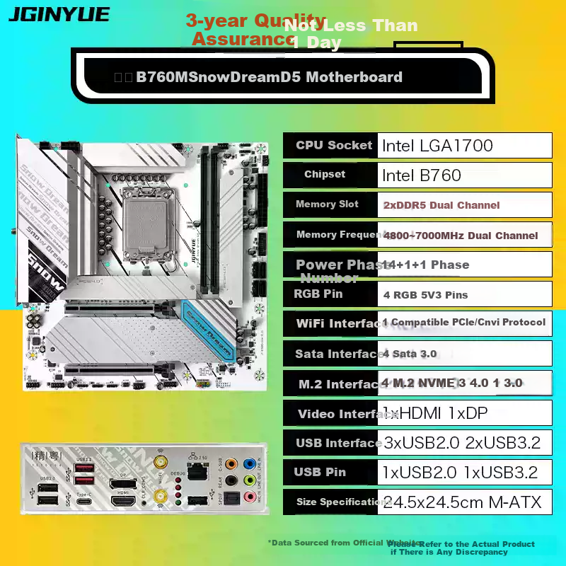 Jingyue B760M Snow Dream DDR5 Motherboard, Gaming Motherboard for I5 14600KF/13600KF/13400F (Intel B760/LGA 1700)
