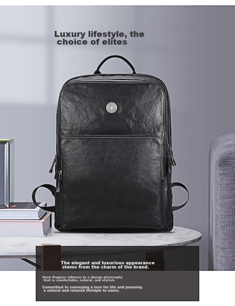 Hush Puppies Business Backpack for Men, Large Capacity Genuine Leather Backpack, 14-Inch Laptop Bag, Cowhide Travel Birthday Gift 2