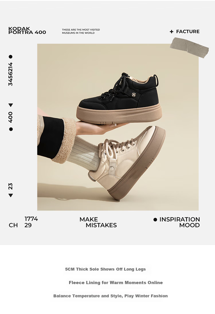 ZHR Cotton Shoes for Women, Winter Fleece-Lined Versatile High-Top Women's Shoes, Round Toe Thick-Soled Comfortable Casual Shoes for Women EJ38A Beige 39 5