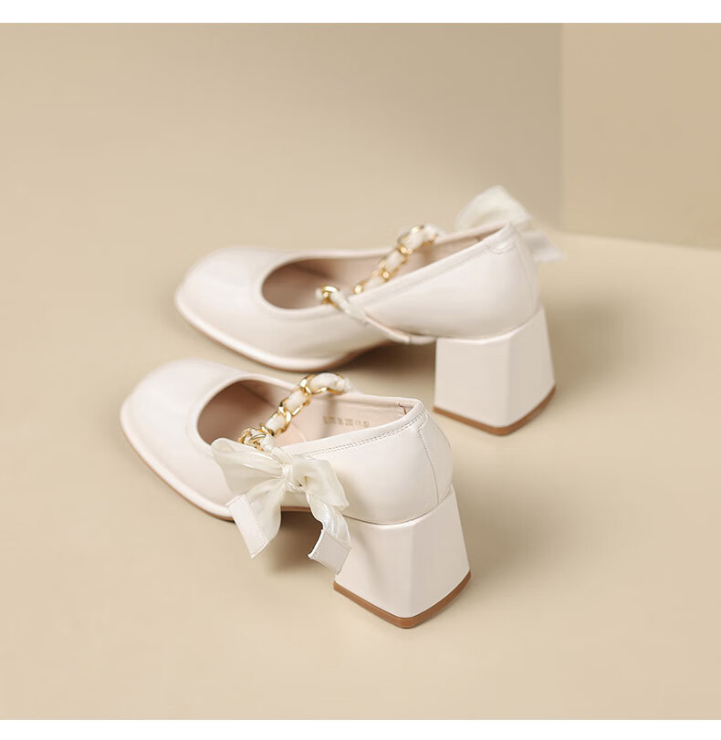 ZHR Mary Jane Shoes for Women, Elegant Shallow Mouth Chunky High Heel Pumps, Graceful Square Toe Women's Shoes BL170 Beige 38 8
