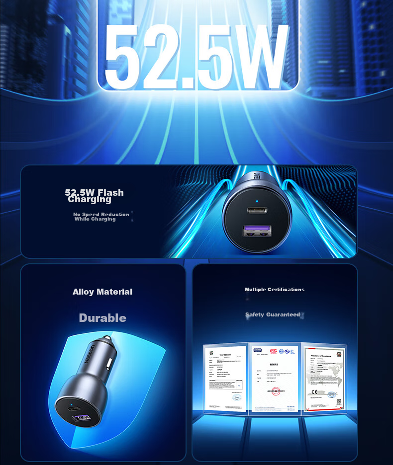 UGREEN Car Charger Super Fast Charging Dual Port 60W Cigarette Lighter Charger Adapter Plug One-To PD30W Compatible with Apple 18 Pro Max, Huawei, Xiaomi 6