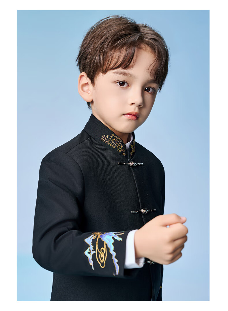 Romon Boys' Zhongshan Suit Set Traditional Chinese Style New Chinese Style Children's Host Performance Suit Black 170 18