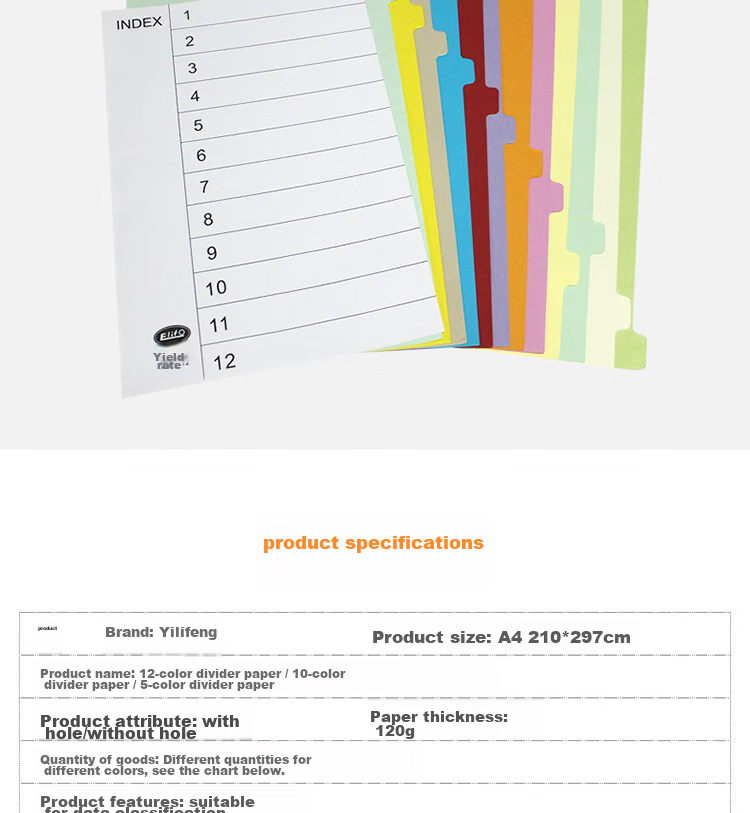 Elifo Page Separators, Index Dividers, Classification Paper, Loose-Leaf Paper for Indexes, Paper Plastic Digital English Three-Hole Binders [With Holes], 10 Colors, 50 Sheets Per Pack 11