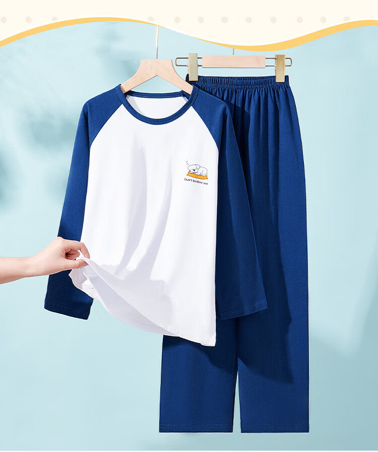 LangSha Children's Pajamas for Boys, Big Kids All-Season Pure Cotton Round Neck Loungewear, Baby Long-Sleeve Set Suitable for Outdoor Wear, Size 140 3