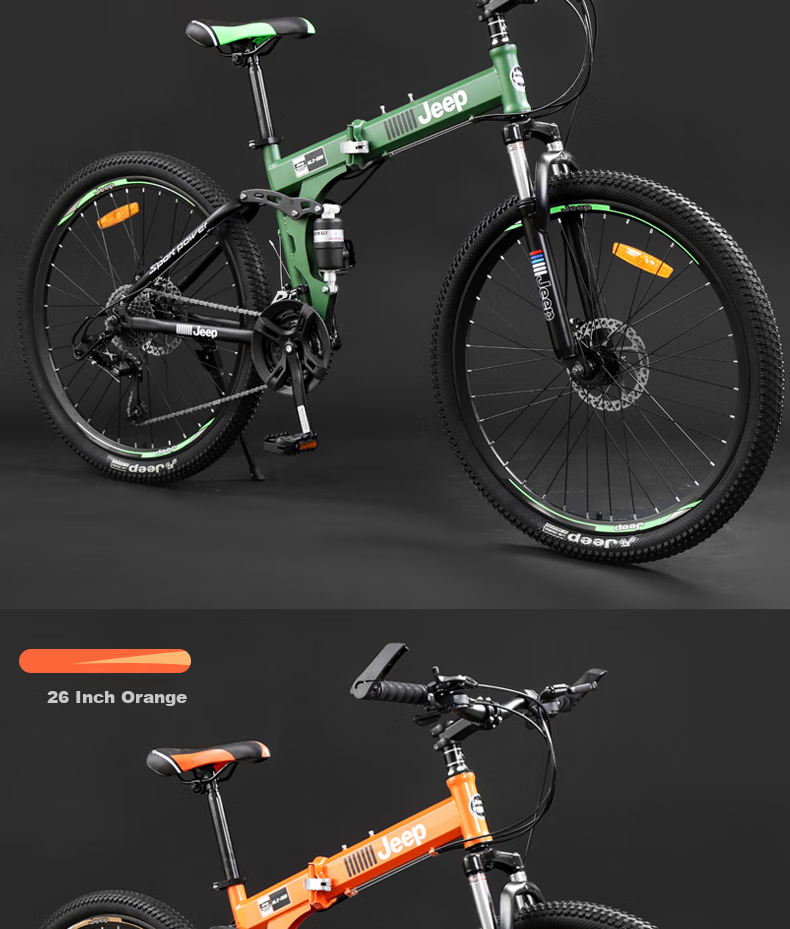Jeep Folding Mountain Bike, 27-Speed, Dual Shock Absorption, Disc Brakes, Off-Road Gears, Single-Speed Bicycle, Zhanshen Black And Red, Three-Gear Ratio 11