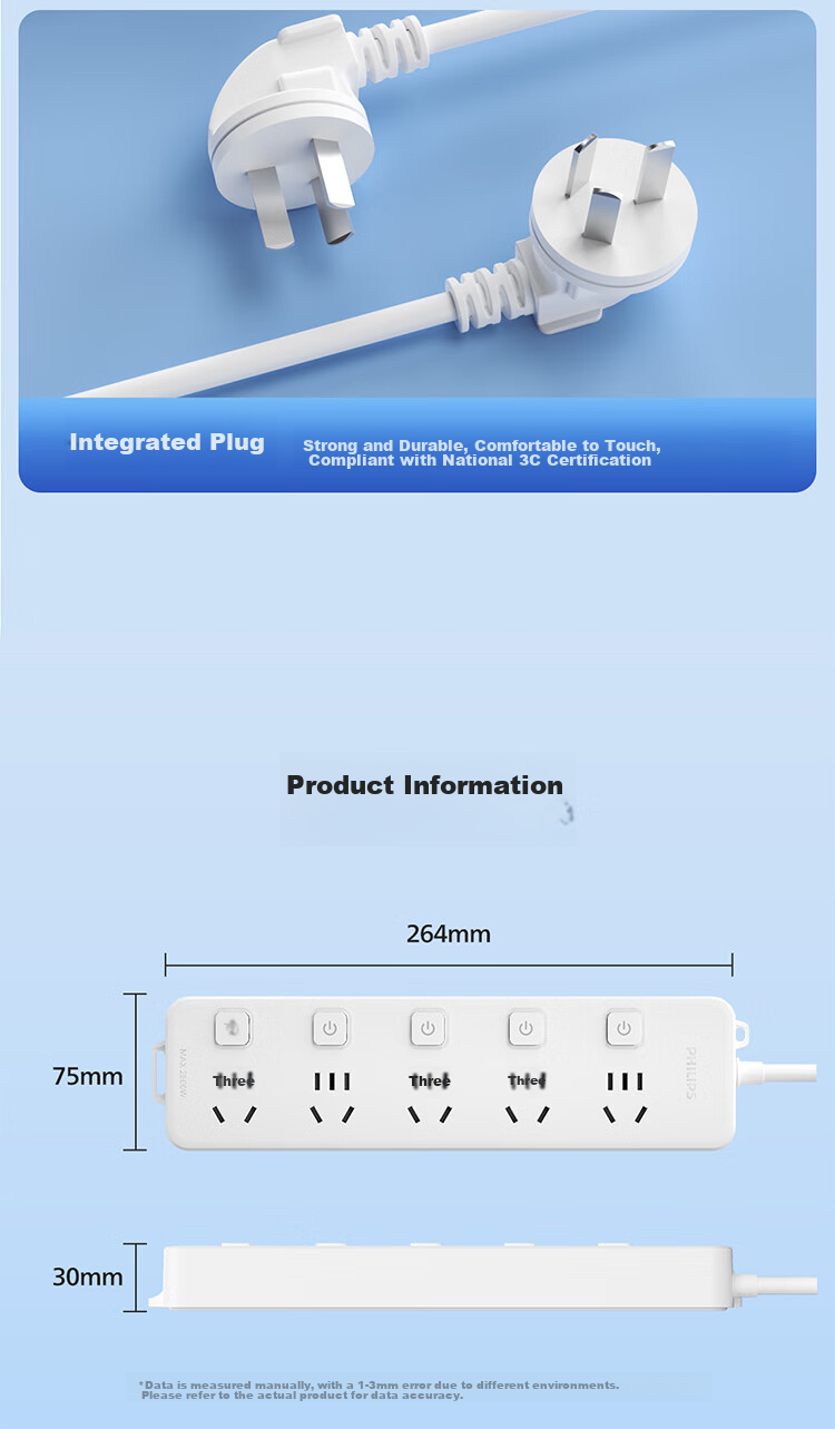 PHILIPS 5-Outlet Independent Switch, 2.8 Meters, Large Hole Spacing, Power Strip/cord Organizer/extension Cord Holder 12