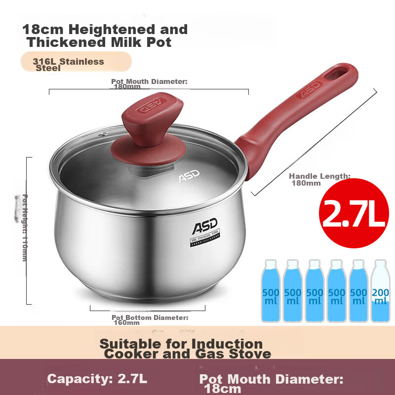 ASD Milk Pot, 316L Stainless Steel, 18CM Thickened Baby Food Pot, Compatible with Gas And Induction Stoves, NS18B5WG