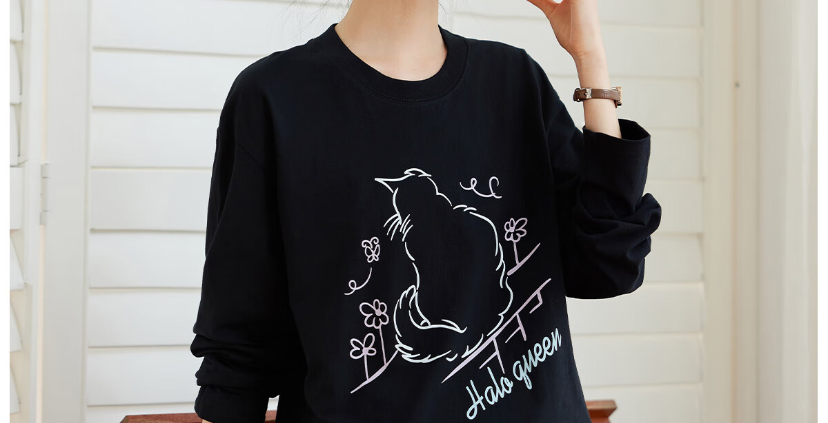 Halo Queen Women's Short-Sleeve T-Shirt, Summer Lightweight Round Neck Tee, American Sweet Cool Cat Print Half-Sleeve Top H143T1409 49