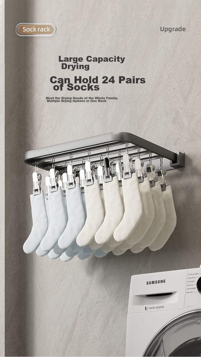 MUYA No-Drill Sock Hanger, Foldable Wall-Mounted Clothes Rack, Windproof Multi-Head 24 Clips, Space Aluminum Alloy with Oxidation Treatment 1