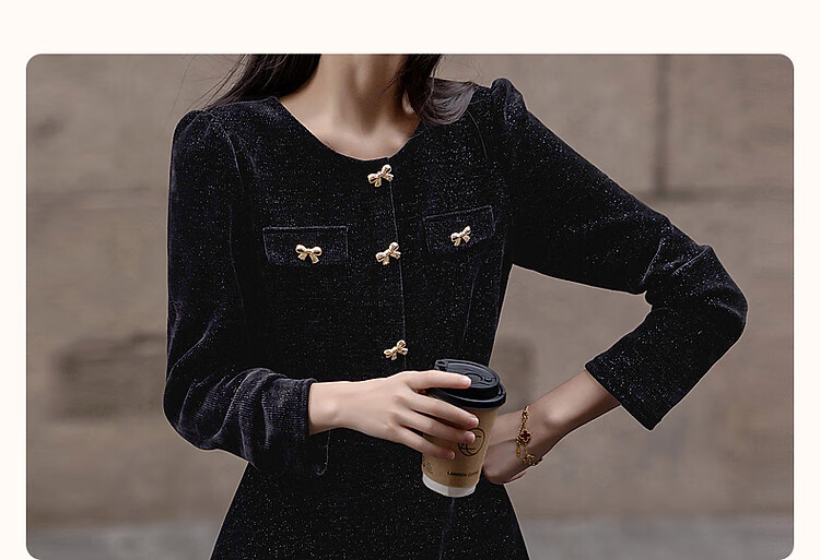 DME "New Year and Roses" Autumn/Winter Velvet Touch Shiny Silk Butterfly Bow Decorated Bubble Sleeve Waist-Enhancing Elegant Women's Dress 2