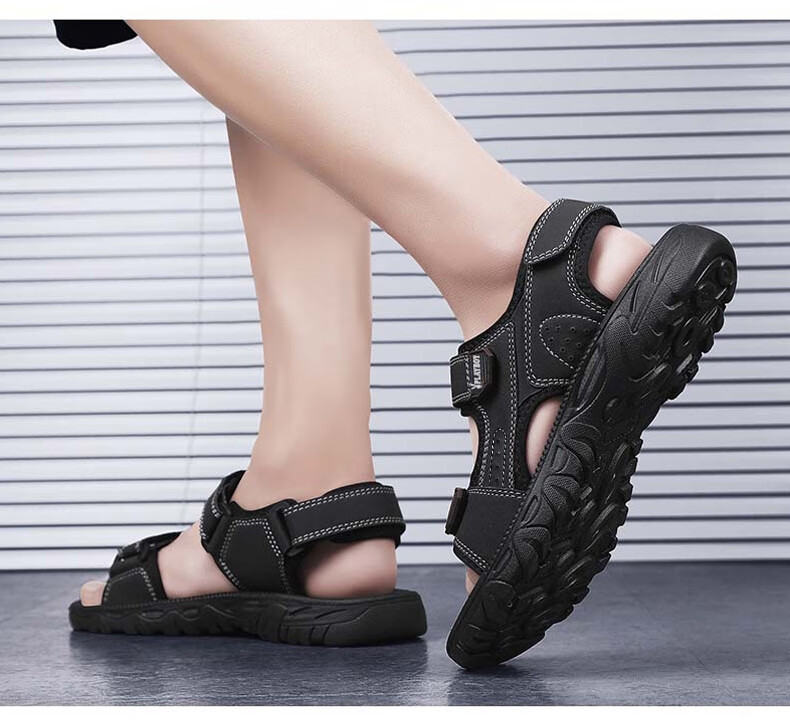 PLAYBOY Men's Sandals, Summer 2025 Breathable Beach Shoes, Korean-Style Perforated Shoes with Velcro Slippers, Black, Size 40 6