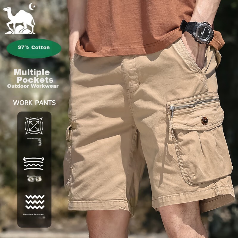EASTERN CAMEL Men's Workwear Casual Shorts, Spring/Summer Thin Mid-Length Cargo Pants with Large Pockets, Coffee, Size 30