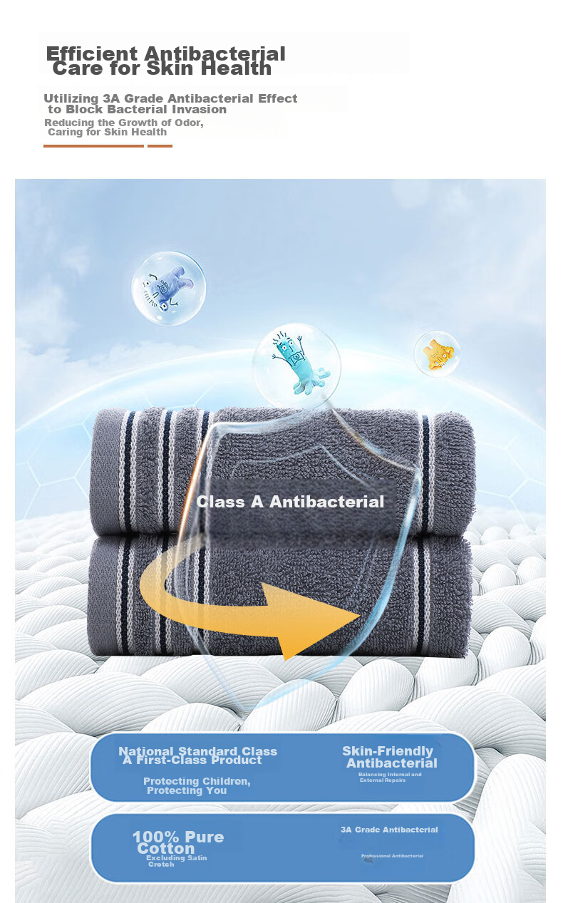 Grace 7A Antibacterial Class A Towel, Pure Cotton, Sports Striped Adult Face Towel, Long-Staple Cotton, Dark Gray, Single Piece, 70*34cm 3