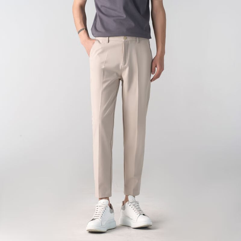 Dingfengbaoluo Men's Suit Pants, Autumn Business Formal Wear, Straight-Leg Casual Versatile Slim-Fit Wrinkle-Resistant Nine-Tenths Pants, AM503 Khaki 30