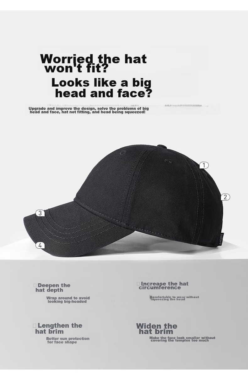 CACUSS Baseball Cap for Men with Large Circumference, Unisex Duck Tongue Cap, All-Season Outdoor Sun Protection Sports Hat, Women's Sun Hat, Black Large Size 5