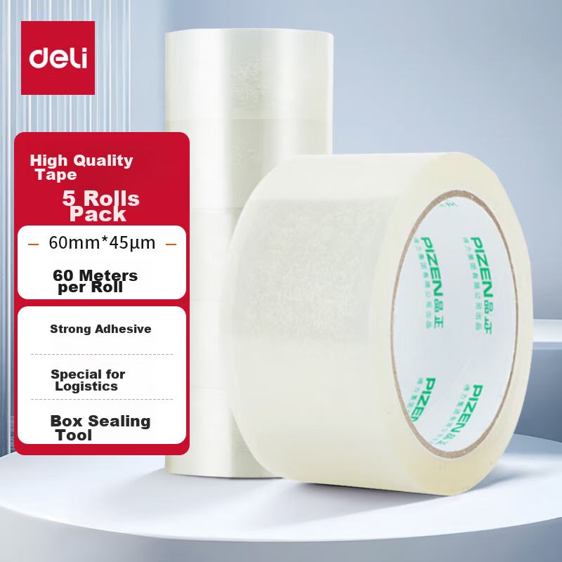 Deli Brand Transparent Packing Tape, 60mm*60m*45ÎŒm (General Transparency), (5 Rolls/tube), Office Supplies