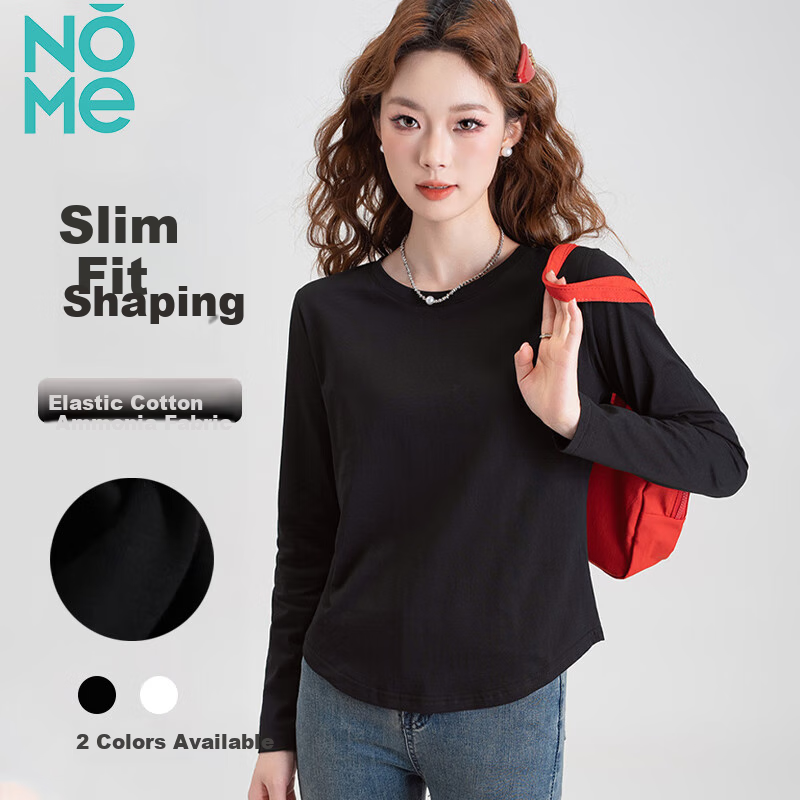 NOME Autumn And Winter New Round Neck Slim-Fit Long-Sleeve T-Shirt for Women, Body-Hugging Waist-Cinching Base Layer Inner Wear, Black, M