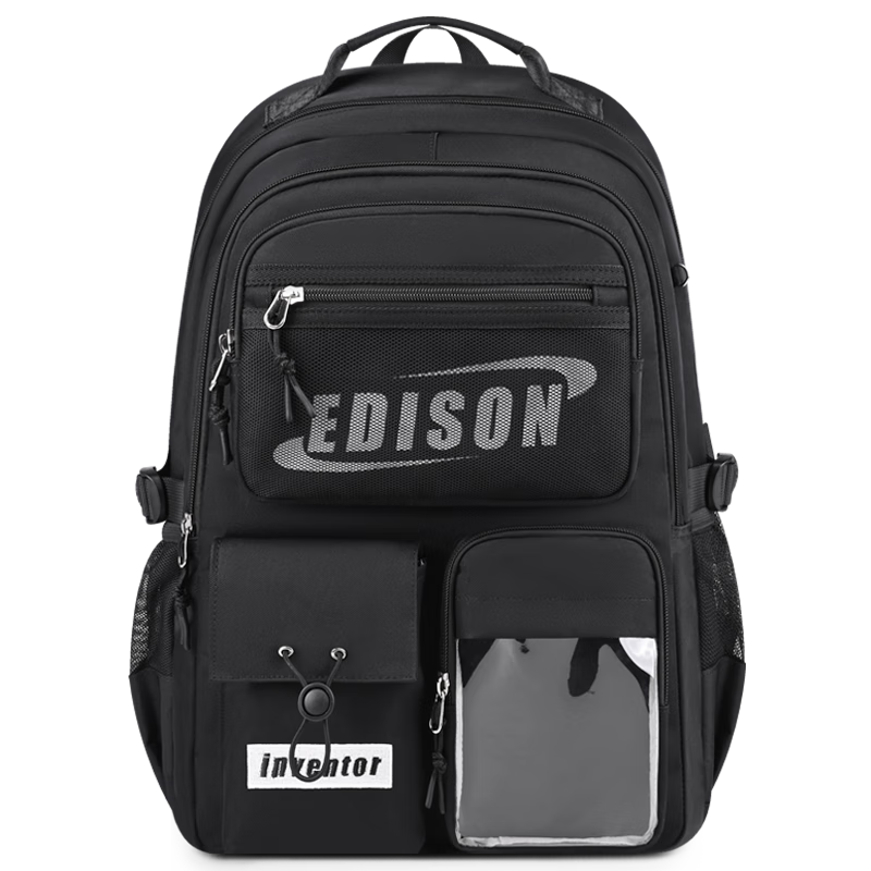 Edison Inventor Middle School Student Lightweight Spine-Protecting Backpack for High School Boys And Girls, Large Capacity Double Shoulder Bag 2571-1G Black