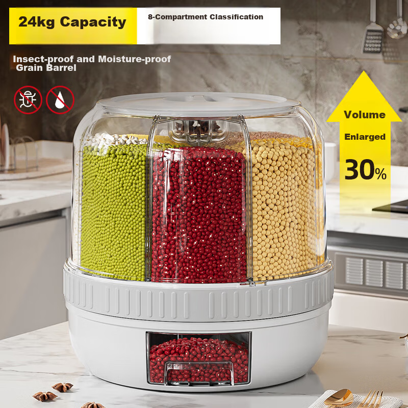 JEKO&JEKO Multi-Grain Storage Container, Rice Bucket, Rotating Compartments, Moisture-Proof, Insect-Proof, Sealed, for Grains And Beans Storage, White