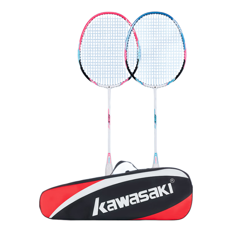 KAWASAKI Badminton Racket, Ultra-Light Carbon Fiber, Durable Pair KD-3 Red And Blue (Pre-Strung + 6 Shuttlecocks + 2 Grip Tape)
