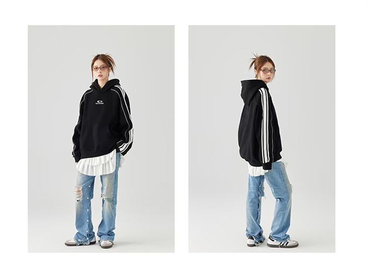 GOLFCROSS Couple's Retro Academic Style Striped Patchwork Color-Block Letter Embroidery Hoodie, Black, XXXL 11