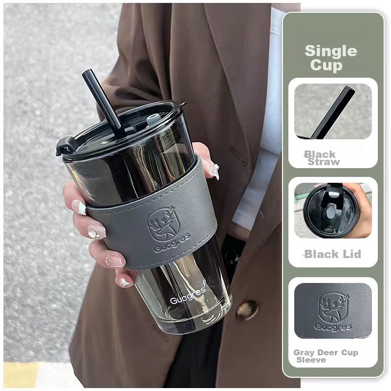 BJ Glass Water Cup, Bamboo Joint Cup with Straw, Water Cup with Lid, Coffee Mug, Gift Glass Beverage Cup, 450ML