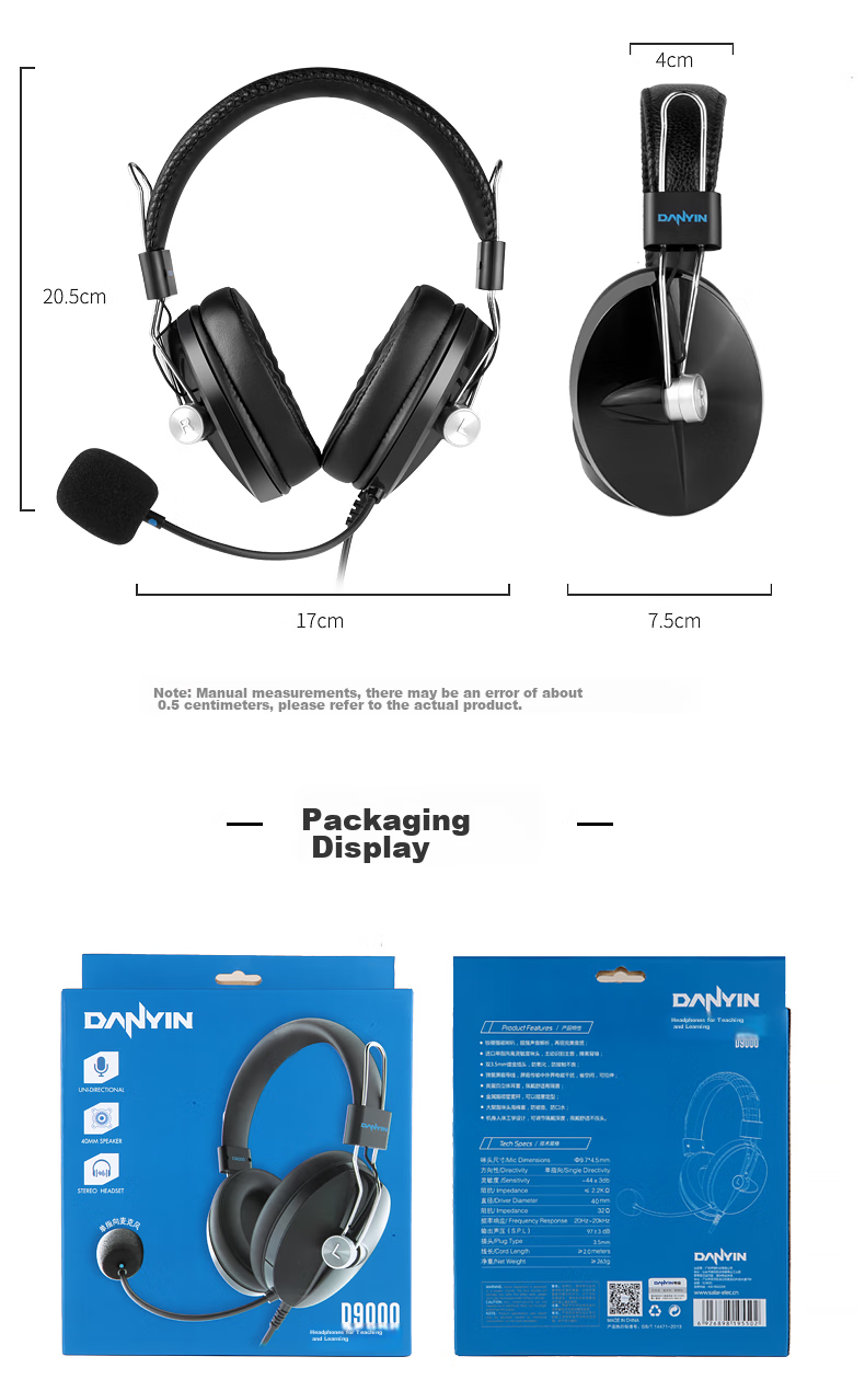 DANYIN D9000 English Speaking And Listening Test Headset Computer Earphones for Human-Computer Dialogue, College Entrance Exam, Wired with Microphone, Online Class Noise Reduction Recording 3.5mm Dual Plug 16