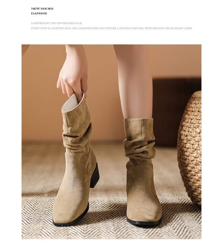 DAPHNE Western Cowgirl Boots for Women, Autumn And Winter Fashion Mid-Calf Chunky Boots, Retro Short Boots for Women, Khaki, Size 36 14