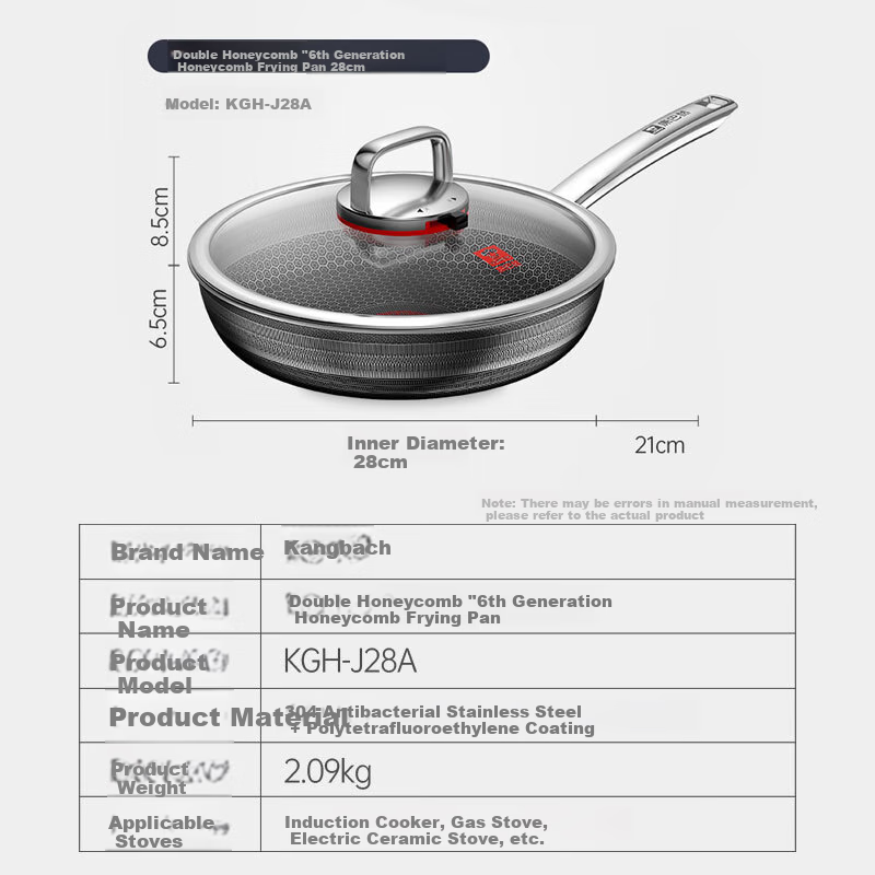 KBH 6th Generation Non-stick Antibacterial Stainless Steel Flat Bottom Honeycomb Pan Red Dot Frying Pan 28cm Induction Cooker Universal