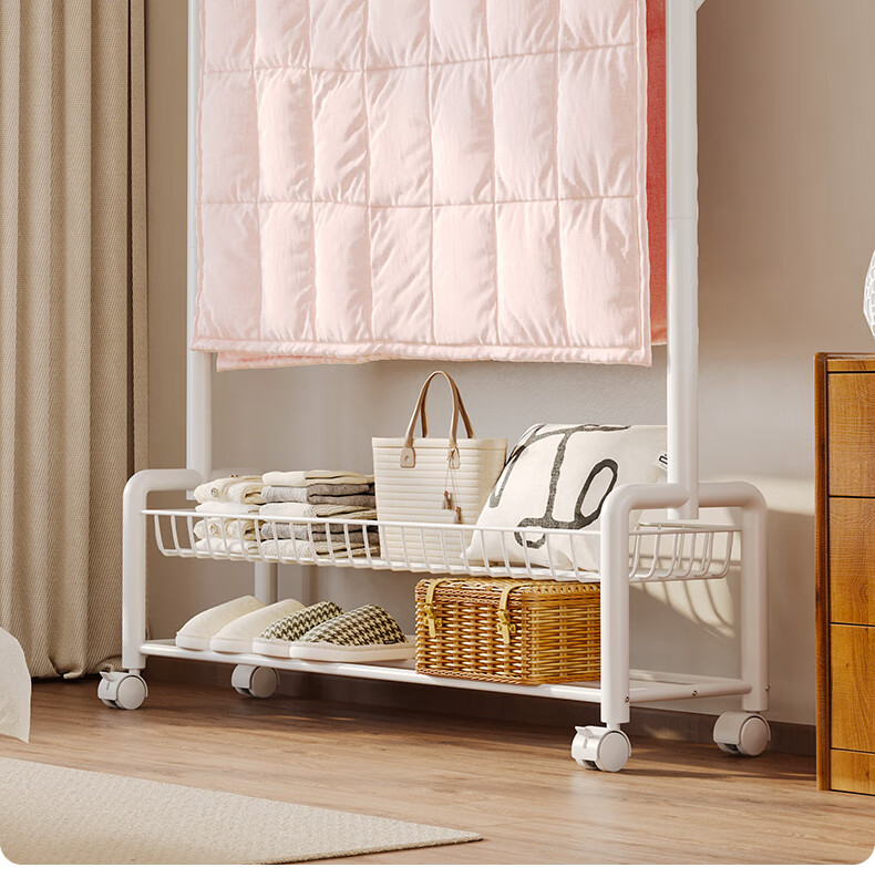 Yicai Nianhua Floor Clothes Drying Rack with Net and Wheels Multifunctional Bedroom Clothes Rack with Storage Basket and Coat Hanger 1255 16