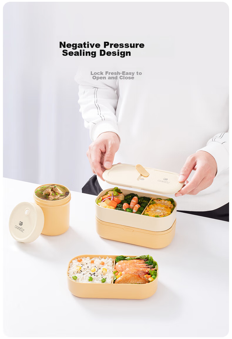 CAMUZ Bamboo Fiber Lunch Box, Japanese-Style Double-Layer Bento Box, Microwave-Safe, Sealed Lunch Box for Office Workers, White Set 11