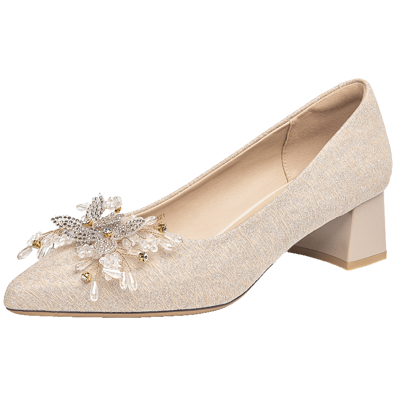 Josiny New Year High Heels for Spring And Autumn, Suitable with Dresses, Party Shoes, Pointed Toe, Chunky Heel, Shallow Mouth Pumps, Elegant Wedding Shoes, Light Gold Color, Size 37