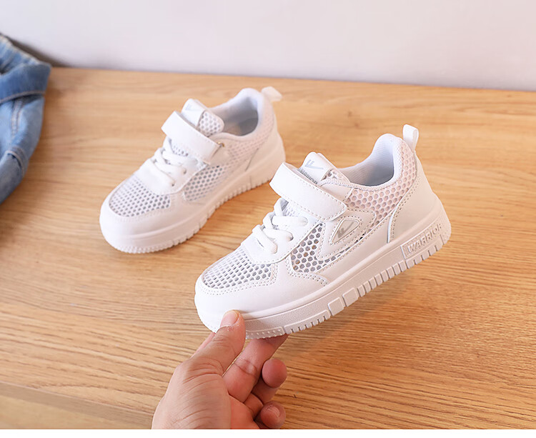 Warrior Children's Shoes, Mesh Upper White Sneakers, Breathable Sandals, Sports Shoes, Casual Shoes, Skateboard Shoes, WZ(CL)-0452, White, Size 34 1
