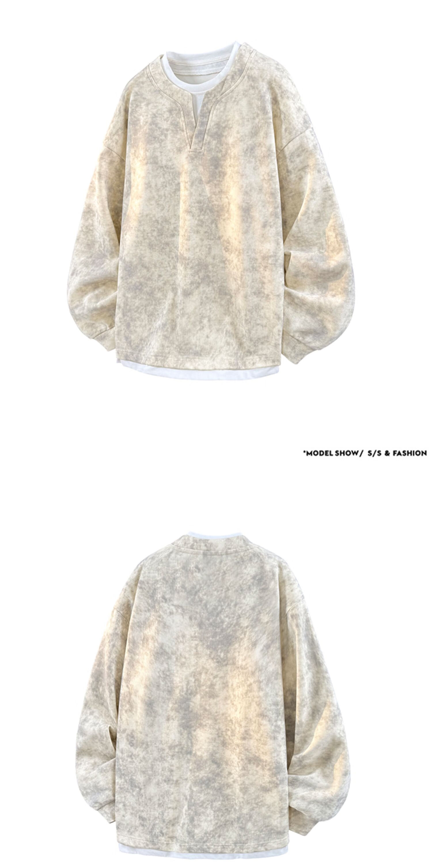 Dingfengbaoluo Men's American Style Two-in-One V-Neck Tie-Dye Casual Long Sleeve Sweatshirt Autumn Loose Fit Khaki 2XL XWC12 3