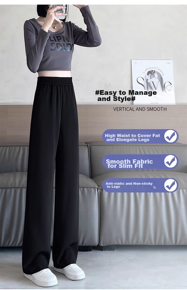 LangSha Black Straight-Leg Dress Pants, Summer Ice Silk Draping High-Waist Wide-Leg Pants for Women, Loose-Fitting Slimming Casual Trousers 2