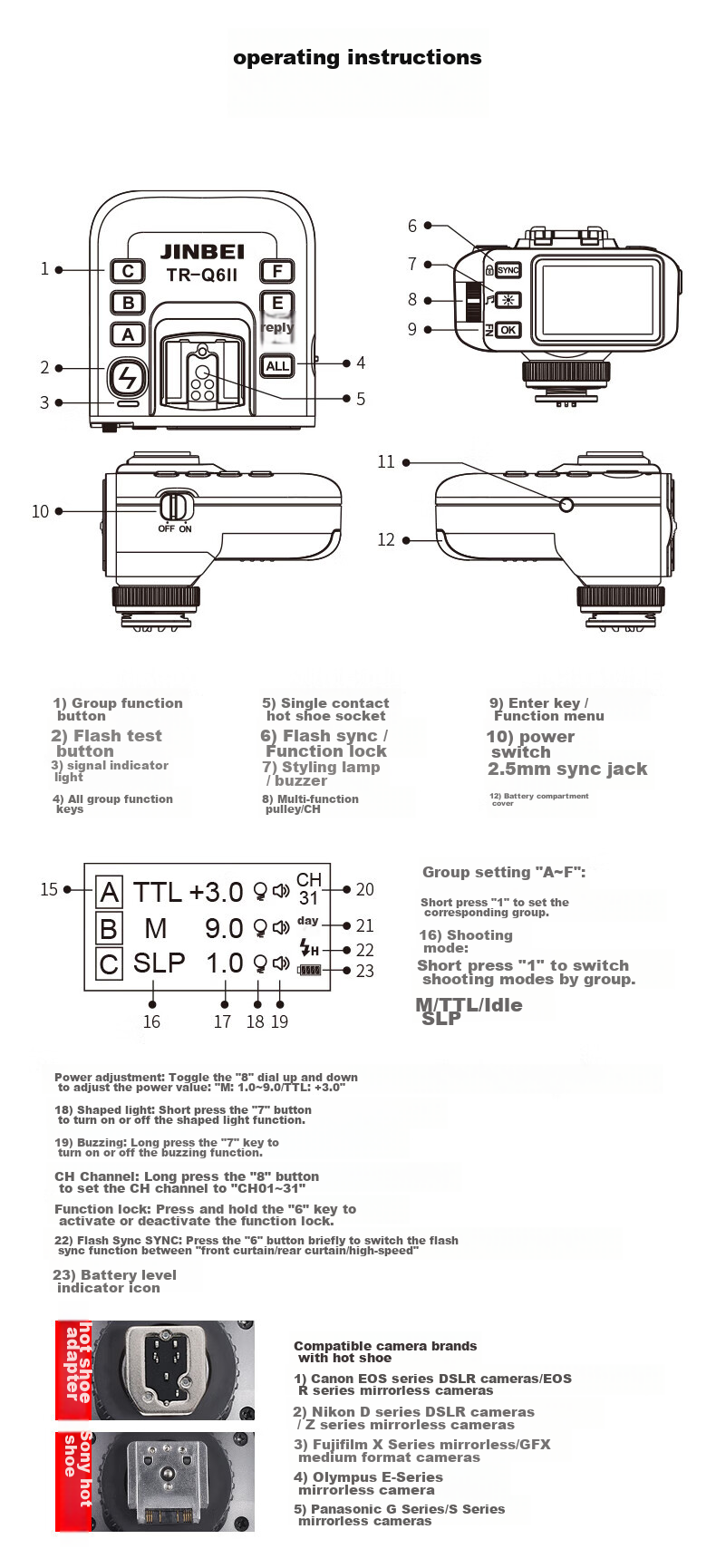 JINBEI General-Purpose Composite Hot Shoe TTL High-Speed Flash Trigger TR-Q6II Generation, Photography Light Studio Flash Synchronization Trigger, TR-Q6II (Sony Version) 12
