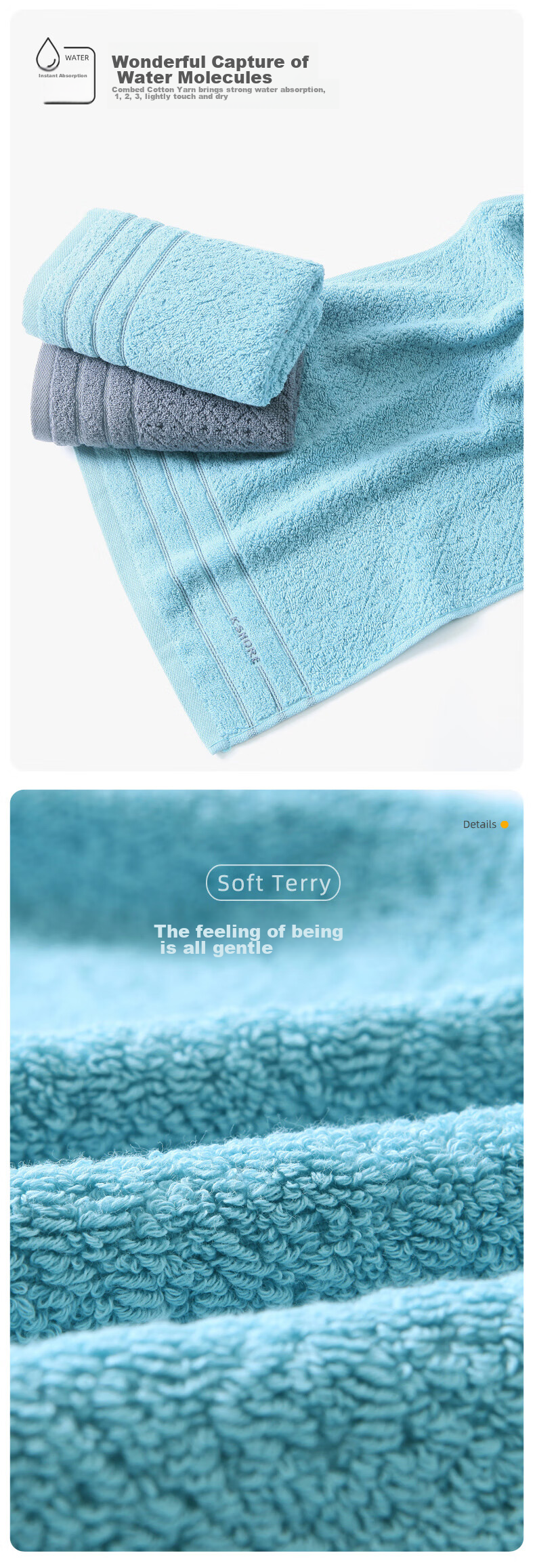 KING SHORE Towels, Anti-Mold, Odor-Resistant, Antibacterial, 100% Pure Cotton, Face And Sports Towels, Grade A, 2 Pieces, Individually Packaged 4