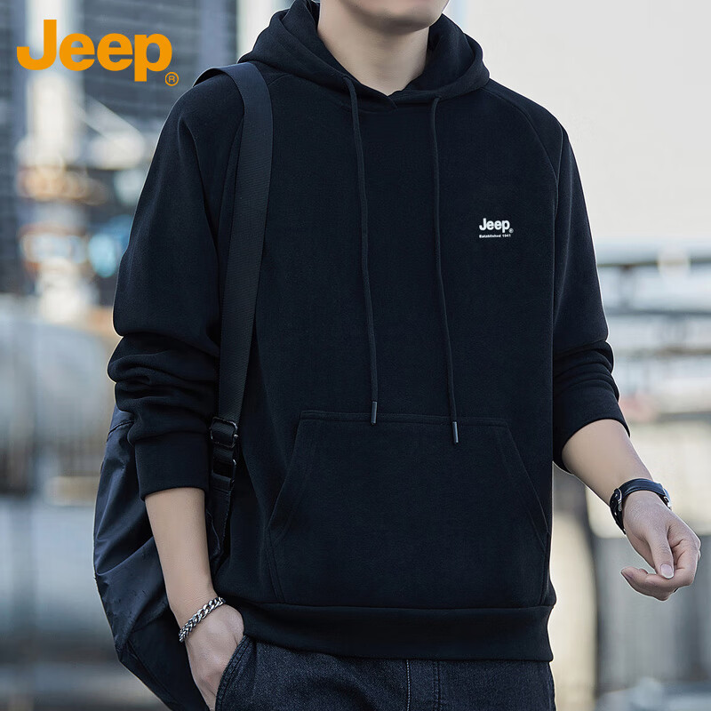 JEEP Hoodie for Men, Spring And Autumn Season, Loose-Fitting Long-Sleeve T-Shirt, Trendy Heavyweight Clothing for Men, Black, XL