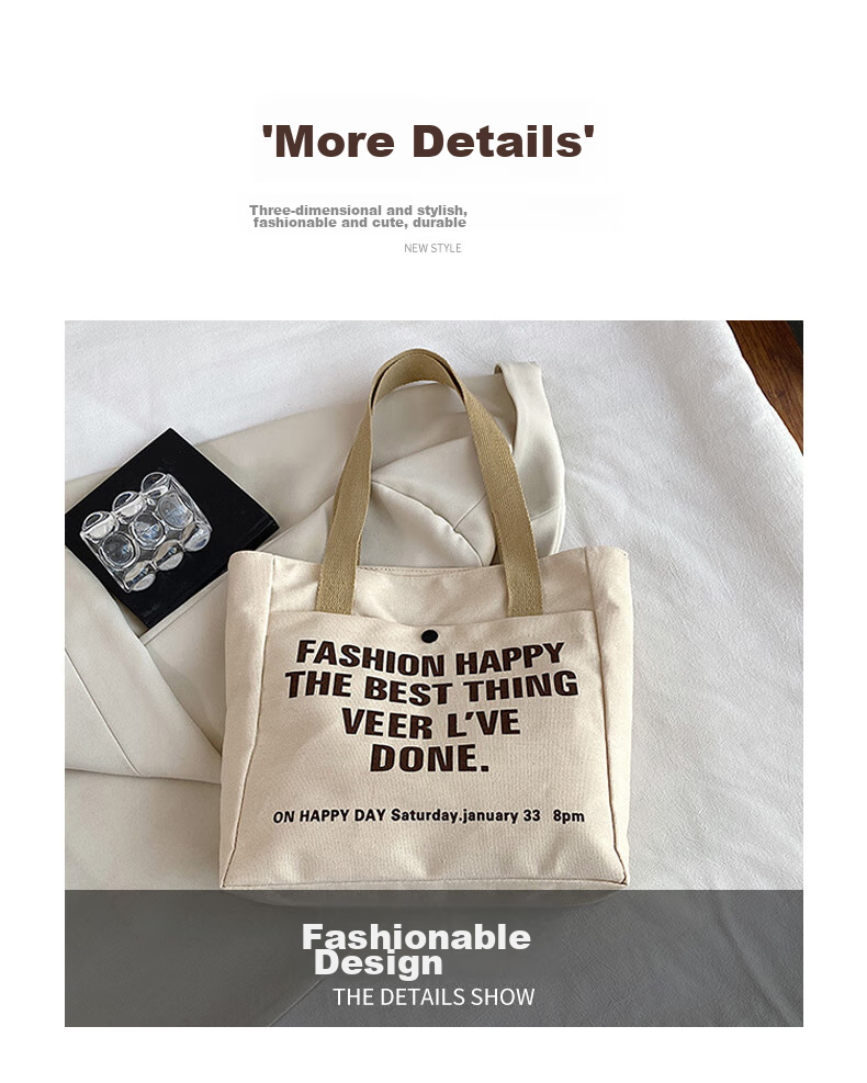 Siwangongli Canvas Bag, Large Capacity, Artistic Style for Women, Shoulder Bag, Fashionable Versatile Commuter Tote Bag with Letter Desig 6